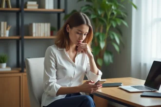 Jeune femme au bureau organise un message sur smartphone