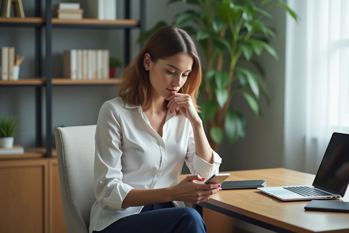 Jeune femme au bureau organise un message sur smartphone