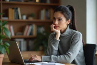 Femme perplexe devant son ordinateur portable cherchant un utilisateur introuvable sur une plateforme en ligne