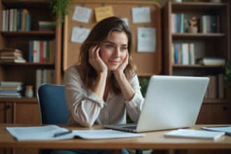 Femme pensante dans un bureau organisé pour le SEO