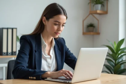 Femme professionnelle sécurisant son compte webmail depuis un bureau à domicile en 2026