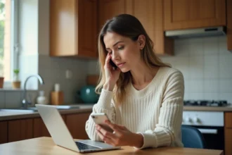 Femme concentrée utilisant son téléphone dans la cuisine