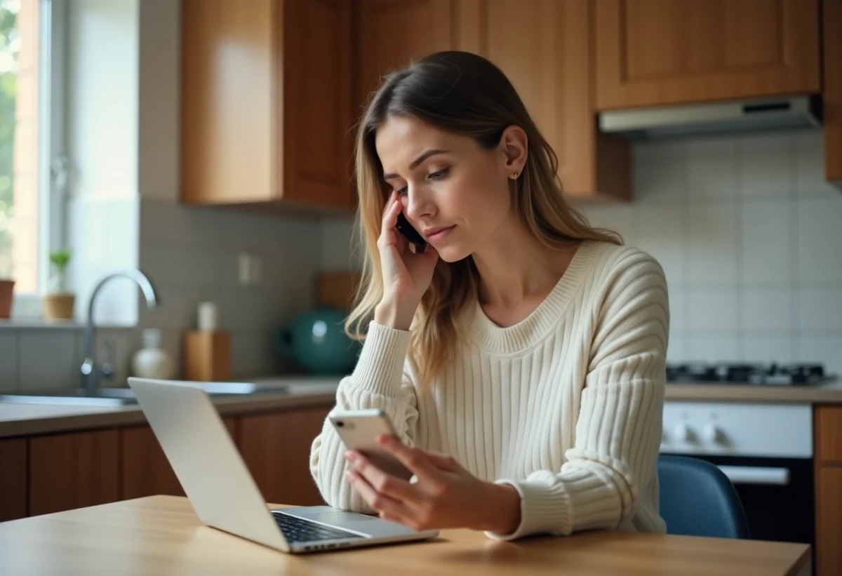 Femme concentrée utilisant son téléphone dans la cuisine