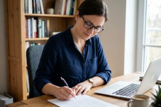 Femme signant un CDI depuis son bureau à domicile, représentant le télétravail et la signature de contrat à distance