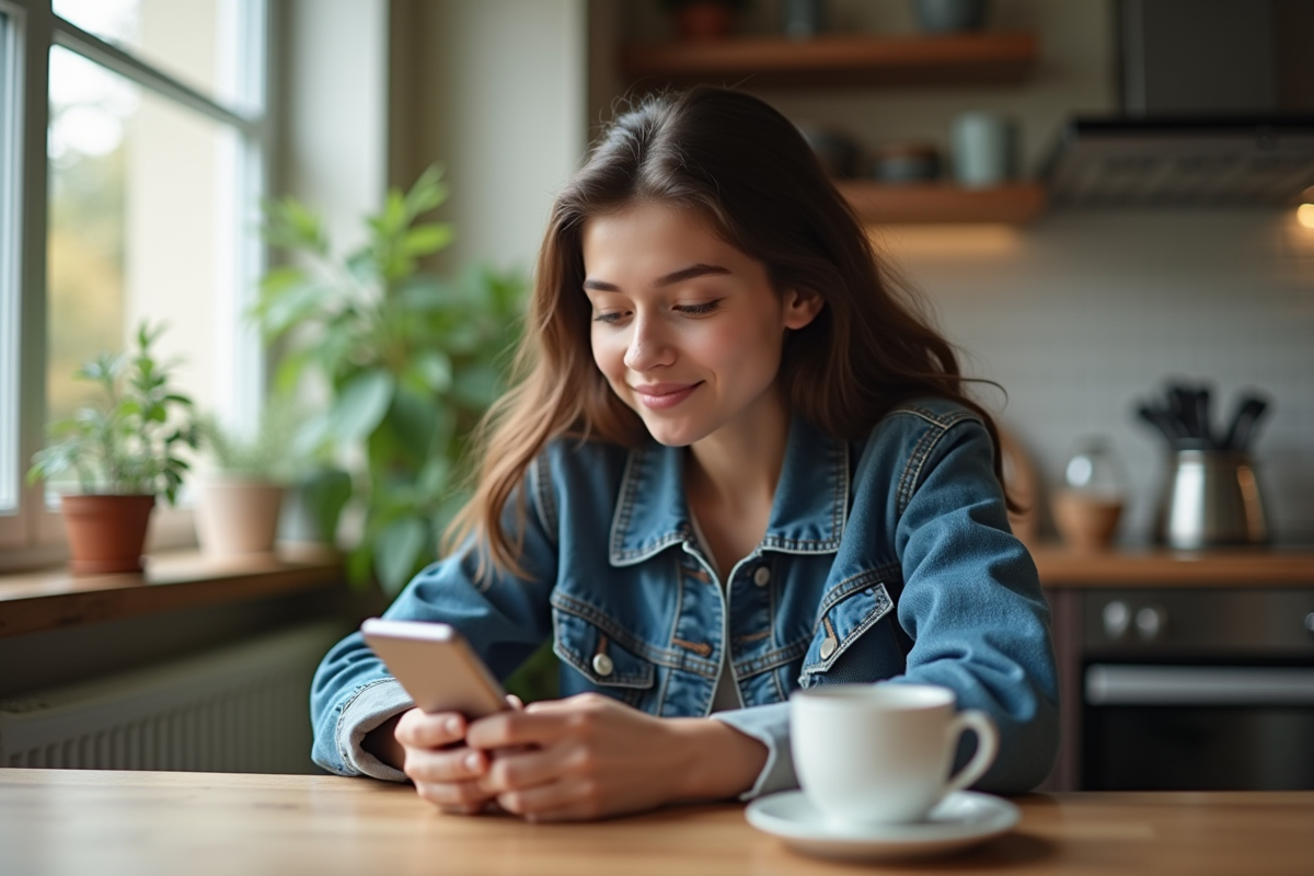 Jeune femme en denim dans une cuisine lumineuse