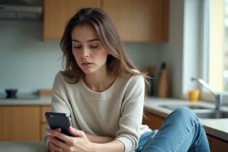 Jeune femme regardant son smartphone recycleur dans la cuisine