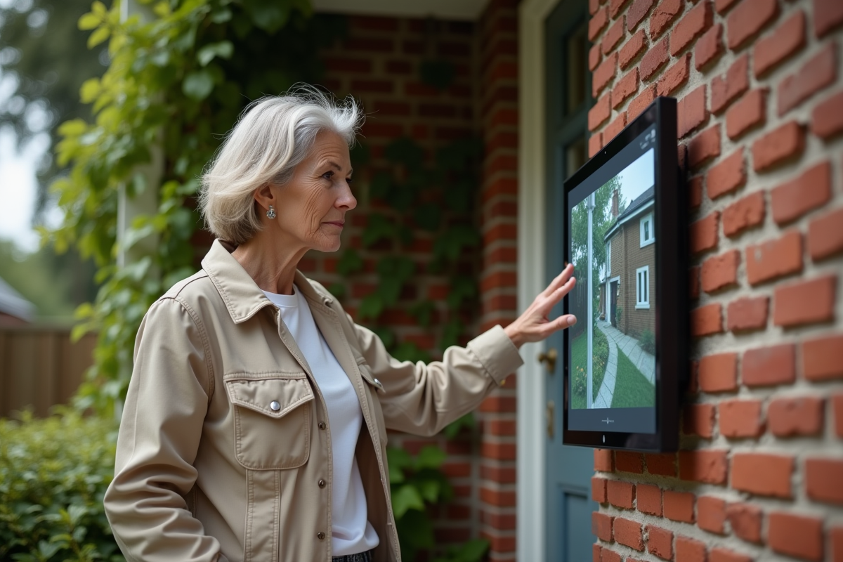 Femme surveillant une caméra de sécurité devant une maison