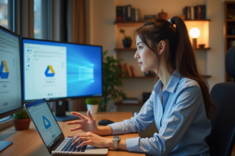 Jeune femme en bureau moderne synchronise fichiers sur deux laptops