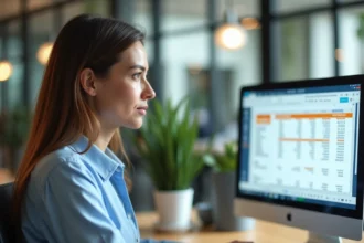 Femme analysant un tableau croisé dynamique Excel sur un écran d'ordinateur dans un bureau moderne