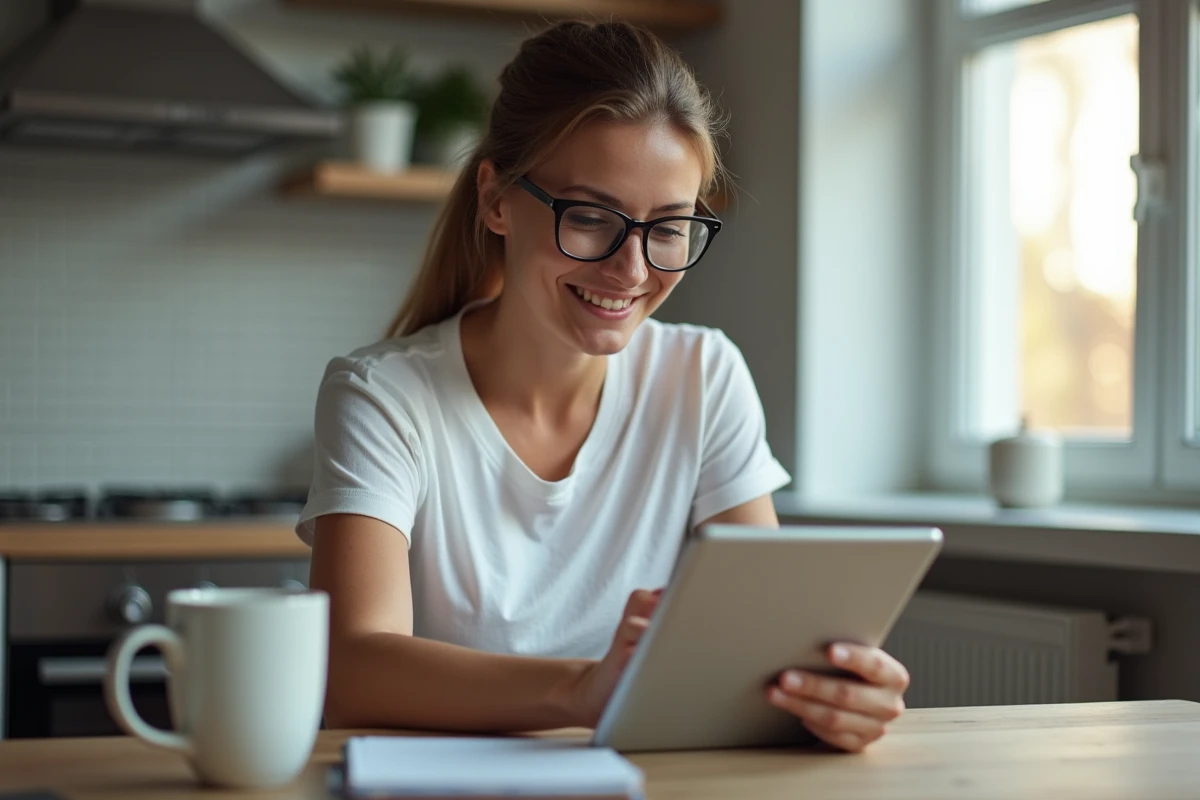 Femme avec tablette dans une cuisine lumineuse