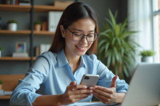 Jeune femme professionnelle utilisant son smartphone en télétravail