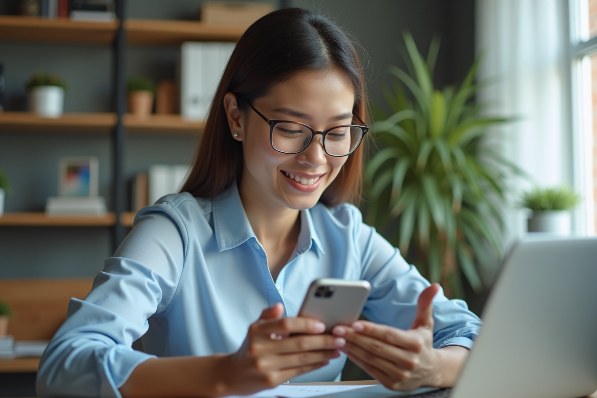 Jeune femme professionnelle utilisant son smartphone en télétravail
