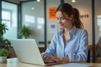 Jeune femme en tenue professionnelle explore sa messagerie