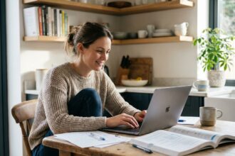 Femme détendue travaillant sur son ordinateur dans la cuisine