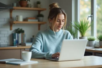 Femme détendue travaillant sur son ordinateur dans la cuisine