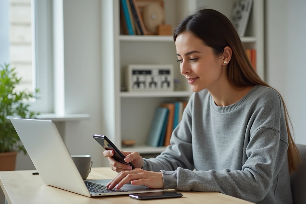 Femme visionnant des stories Instagram de comptes publics depuis un bureau à domicile sur ordinateur et smartphone