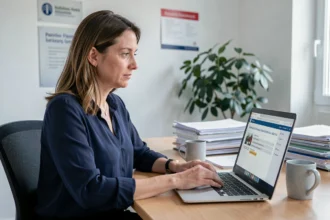 Femme utilisant le webmail académique de Versailles sur un ordinateur portable dans un bureau universitaire moderne