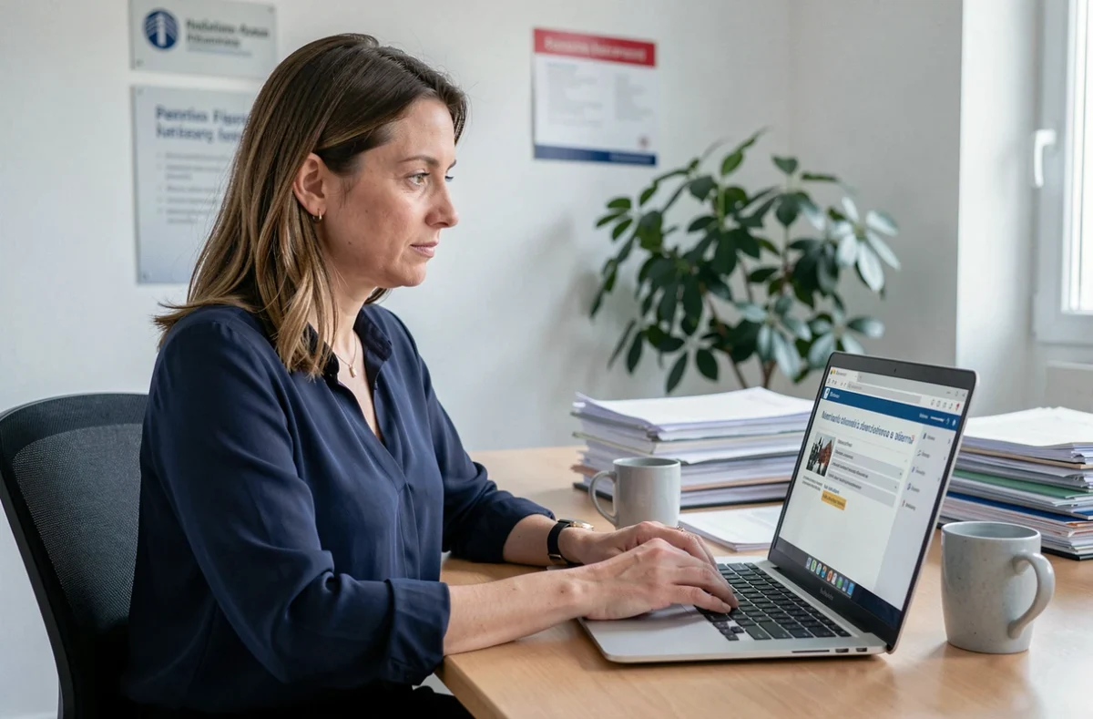 Femme utilisant le webmail académique de Versailles sur un ordinateur portable dans un bureau universitaire moderne