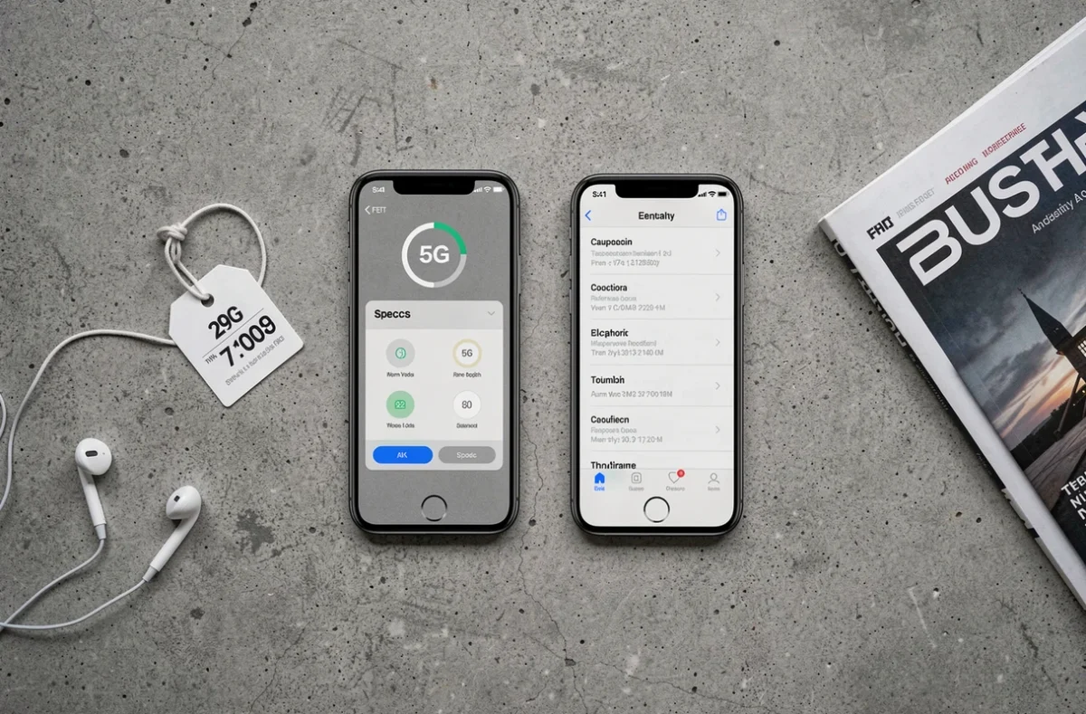 Flat-lay éditorial de deux iPhones compatibles 5G posés sur béton avec étiquette de prix, illustrant les meilleurs choix budget 2026