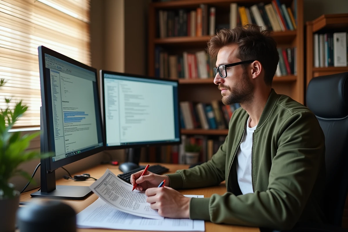 Game designer analysant un document GDD de jeu multijoueur sur deux écrans dans un bureau à domicile organisé
