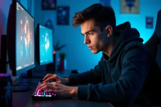 Joueur gamer concentré effectuant un barrel roll sur PC dans une salle de gaming moderne