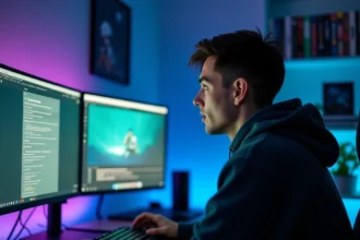 Gamer masculin concentré sur les paramètres Chrome flags pour optimiser les performances réseau et FPS sur son PC de bureau