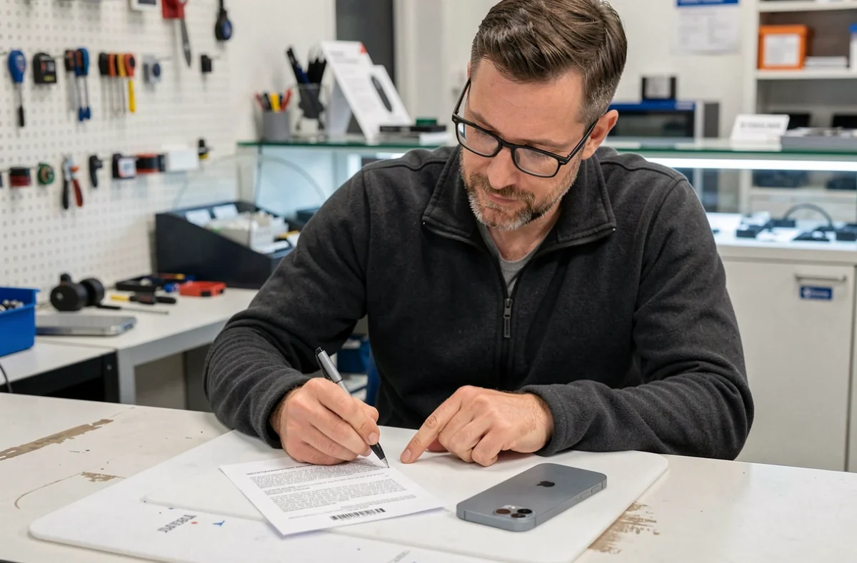 Technicien en magasin examinant la garantie d'un iPhone 14 Pro reconditionné avec un document imprimé