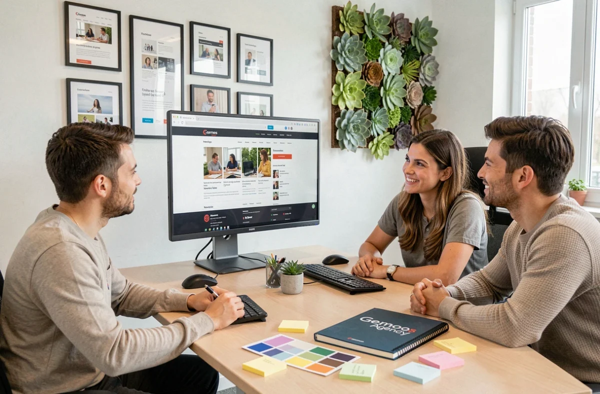 Équipe de Gemeos Agency célébrant la finalisation d'un projet e-commerce dans une agence créative lumineuse