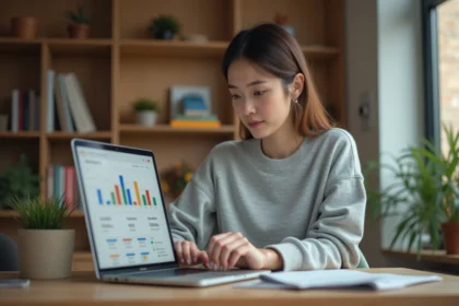 Femme gérant son historique d'activité Google sur un ordinateur portable dans un bureau à domicile moderne
