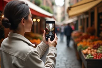 Femme photographiant un marché urbain avec un Google Pixel 8a, illustrant les capacités photo du smartphone en situation réelle