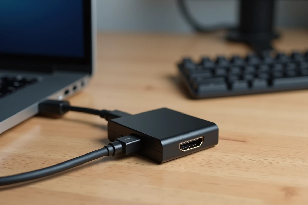 Gros plan sur un transmetteur et récepteur HDMI sans fil 4K posés sur un bureau en bois avec câbles et accessoires gaming