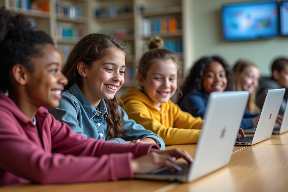 Elèves divers travaillant ensemble sur ordinateurs en classe