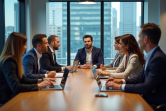Groupe de professionnels en formation ordinateur en réunion