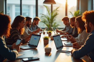 Groupe de personnes autour d'une table avec écrans affichant des résultats Google