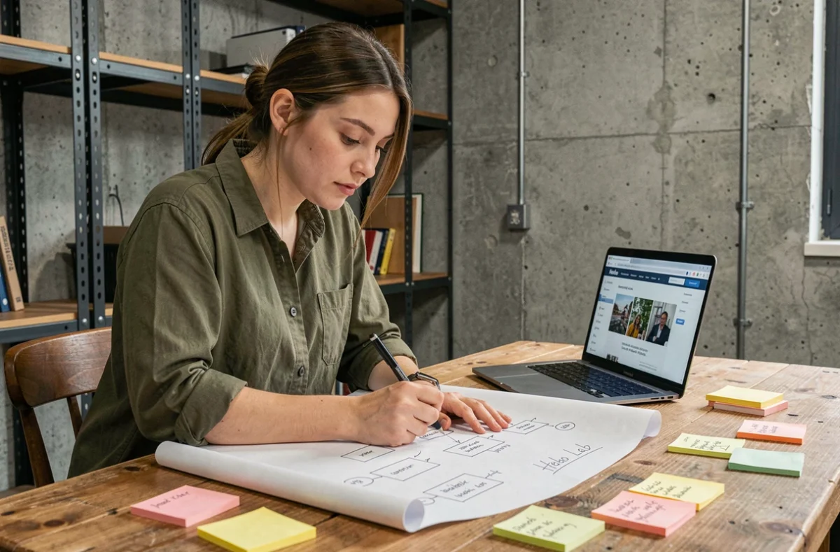 Designer UX de Heko Lab esquissant des maquettes dans un studio au style industriel
