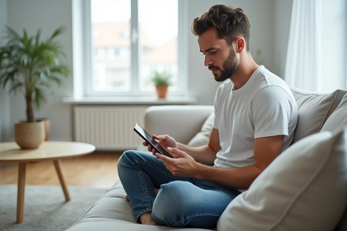Jeune adulte naviguant dans l'historique de navigation Google Chrome sur une tablette dans un salon moderne