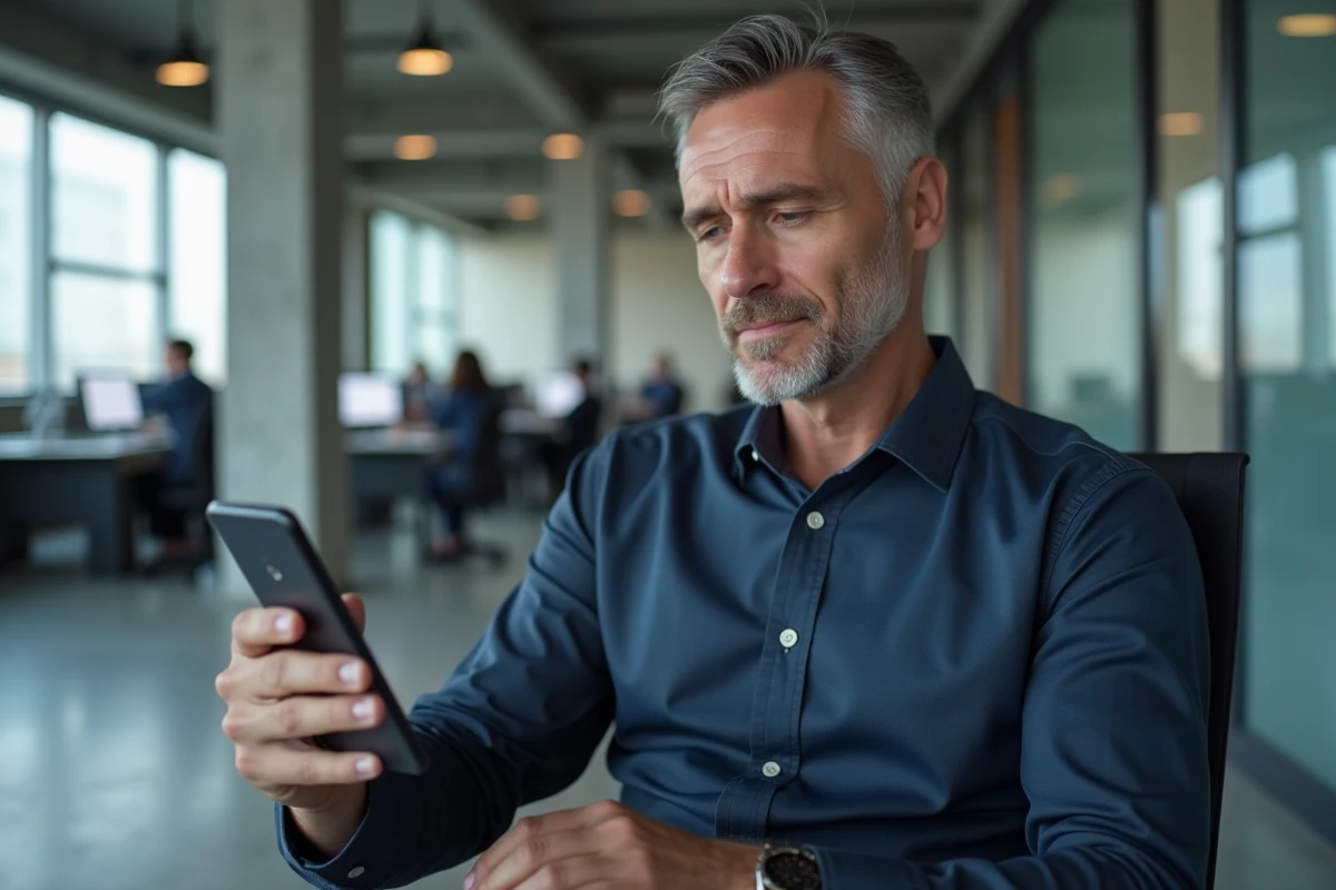 Homme consultant son historique YouTube sur smartphone dans un bureau professionnel en open space