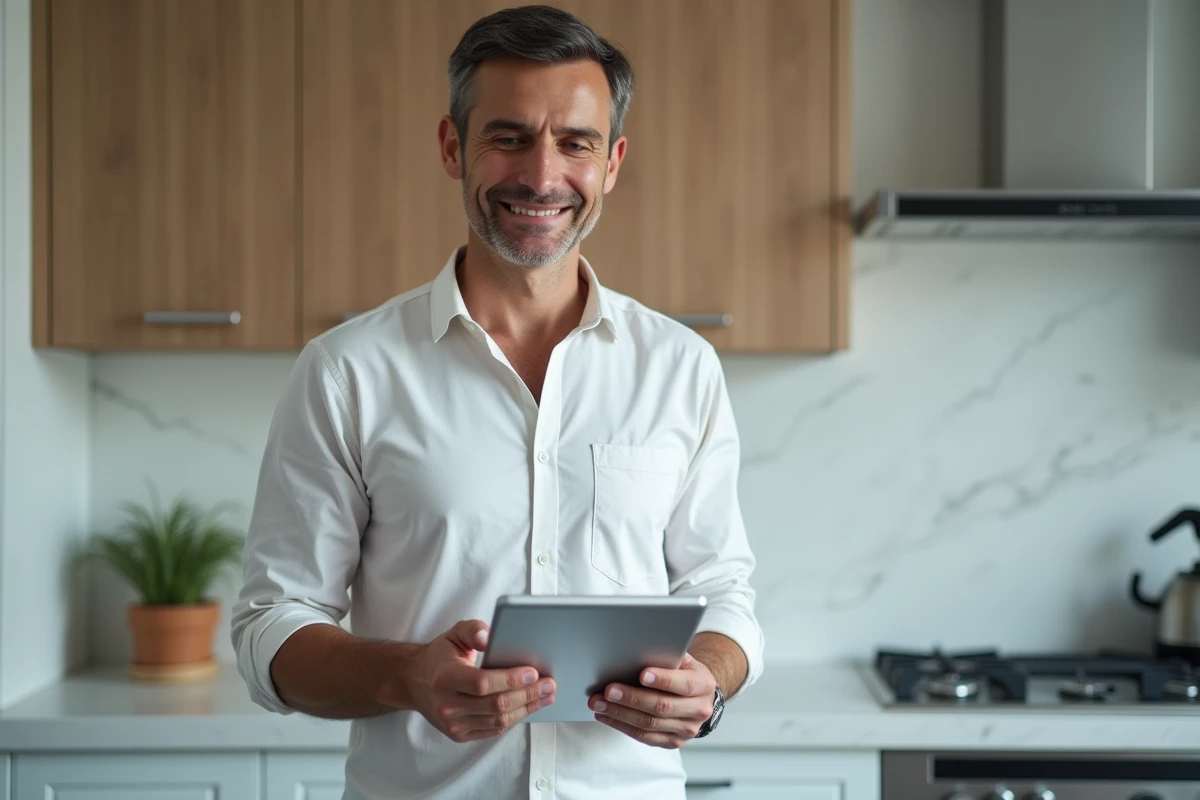 Homme consultant son compte Cyfernet sur une tablette dans une cuisine moderne en sécurité