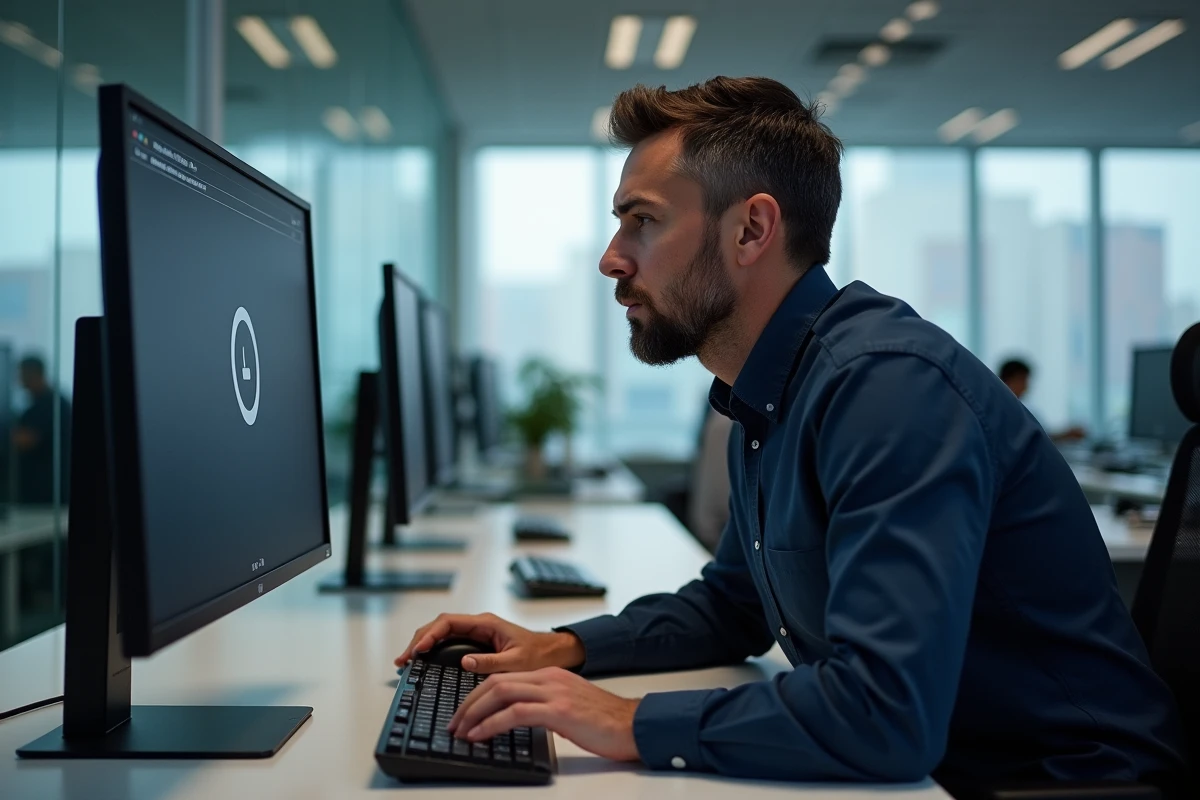 Homme utilisant Google Chrome sur un ordinateur de bureau dans un environnement de travail professionnel