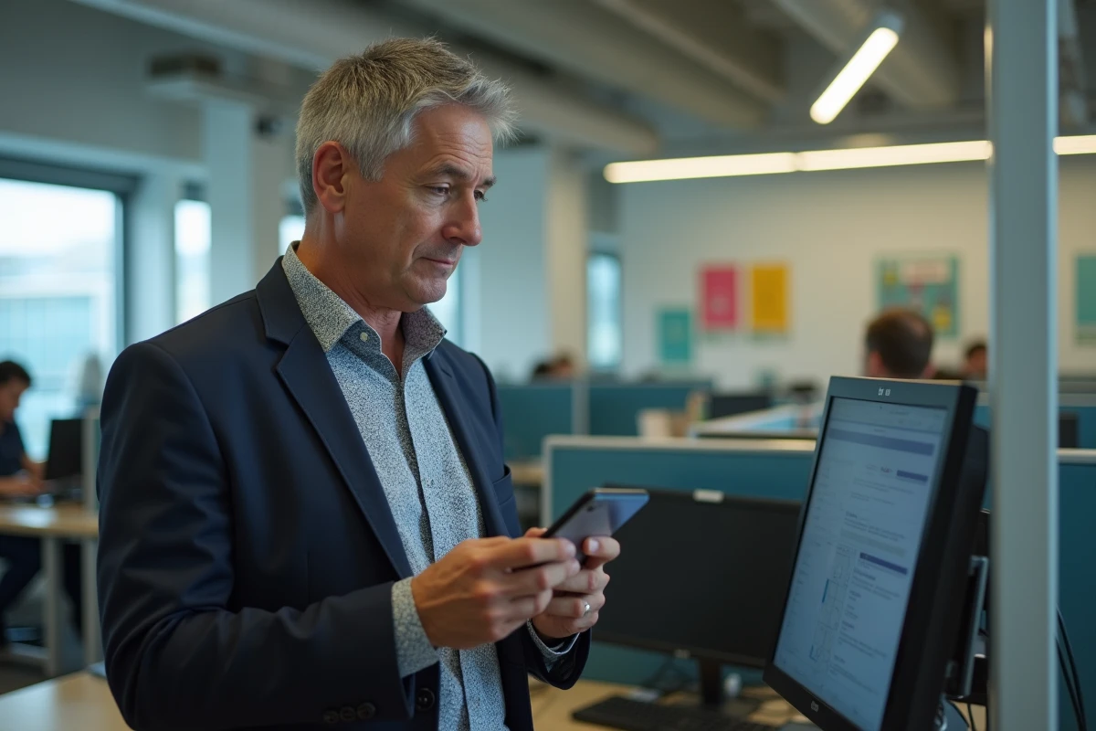 Homme d affaires utilisant smartphone et ordinateur