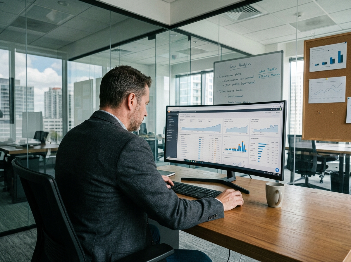 Homme en business casual analysant un tableau de bord SEO