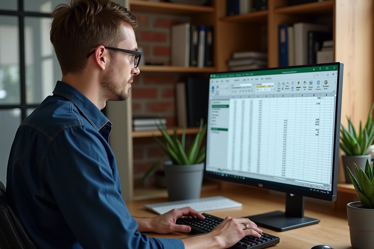 Homme debout à son bureau domicile travaillant sur une feuille de calcul Excel avec références absolues figées