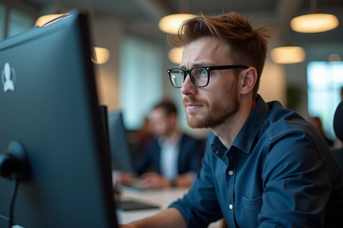 Homme avec lunettes fixant un message d'erreur utilisateur introuvable sur un écran d'ordinateur de bureau en open space