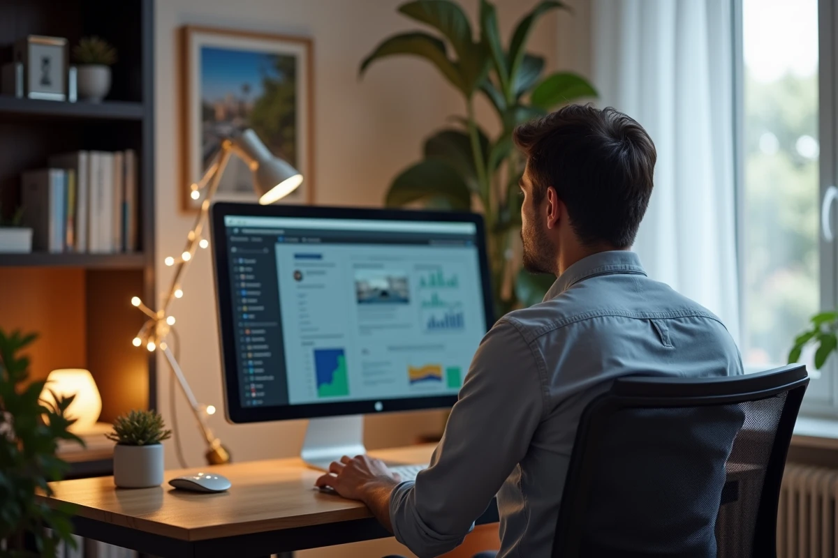 Homme d age moyen utilisant son ordinateur dans un salon