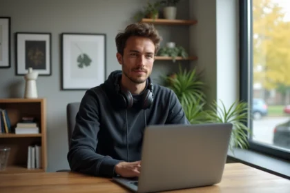 Homme concentré dans un bureau moderne et lumineux