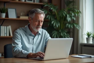 Homme d'âge moyen au bureau moderne avec ordinateur portable
