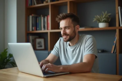 Homme adulte assis devant un ordinateur portable dans un bureau à domicile, explorant les différences entre internet et le web