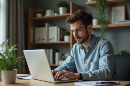 Jeune homme concentré vérifiant un email suspect sur son ordinateur