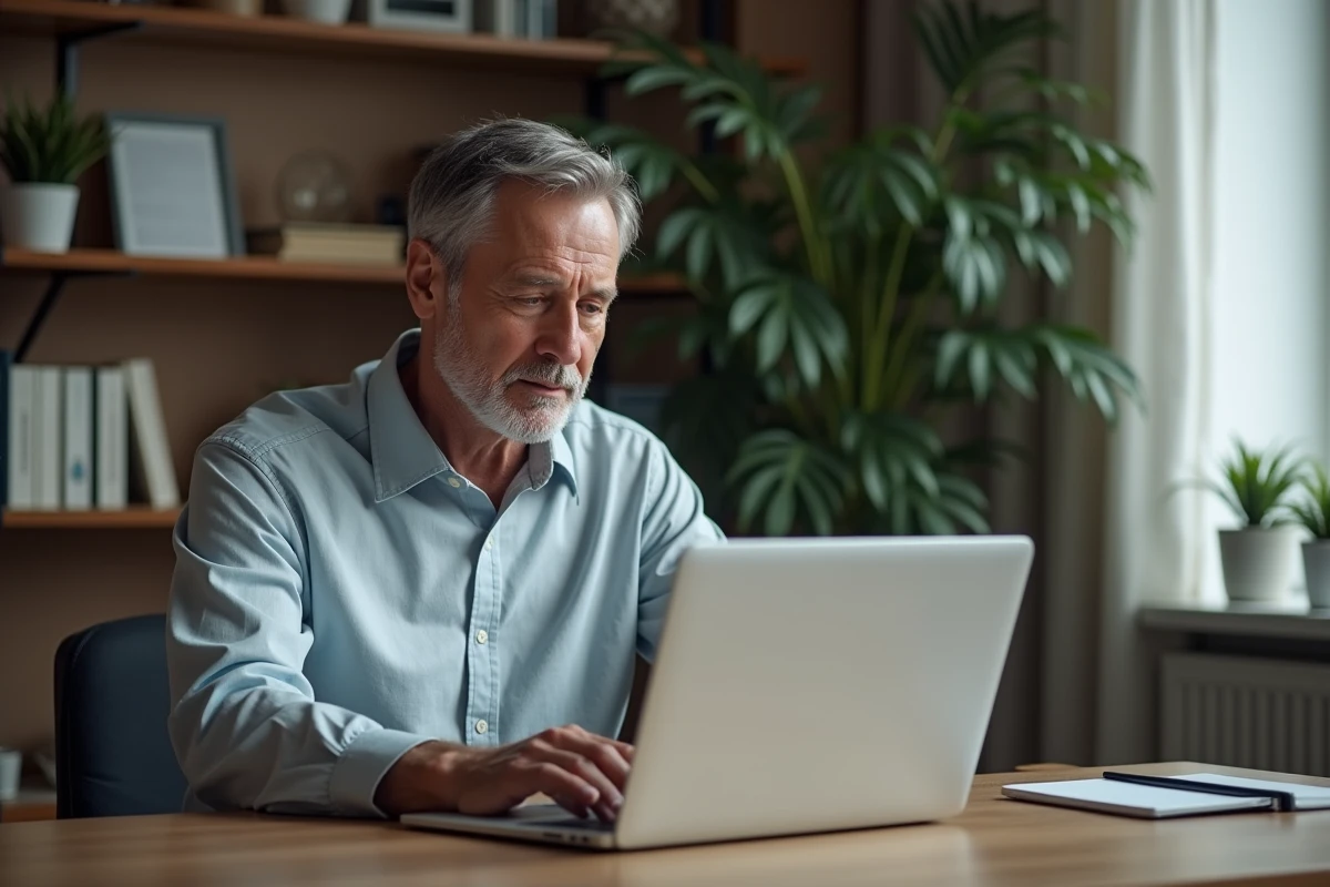Homme d'âge moyen au bureau moderne avec ordinateur portable
