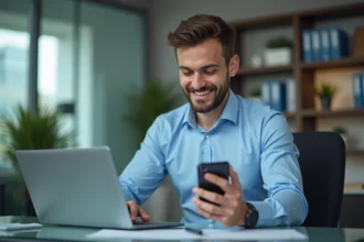 Homme d'affaires en chemise bleue examine un téléphone moderne